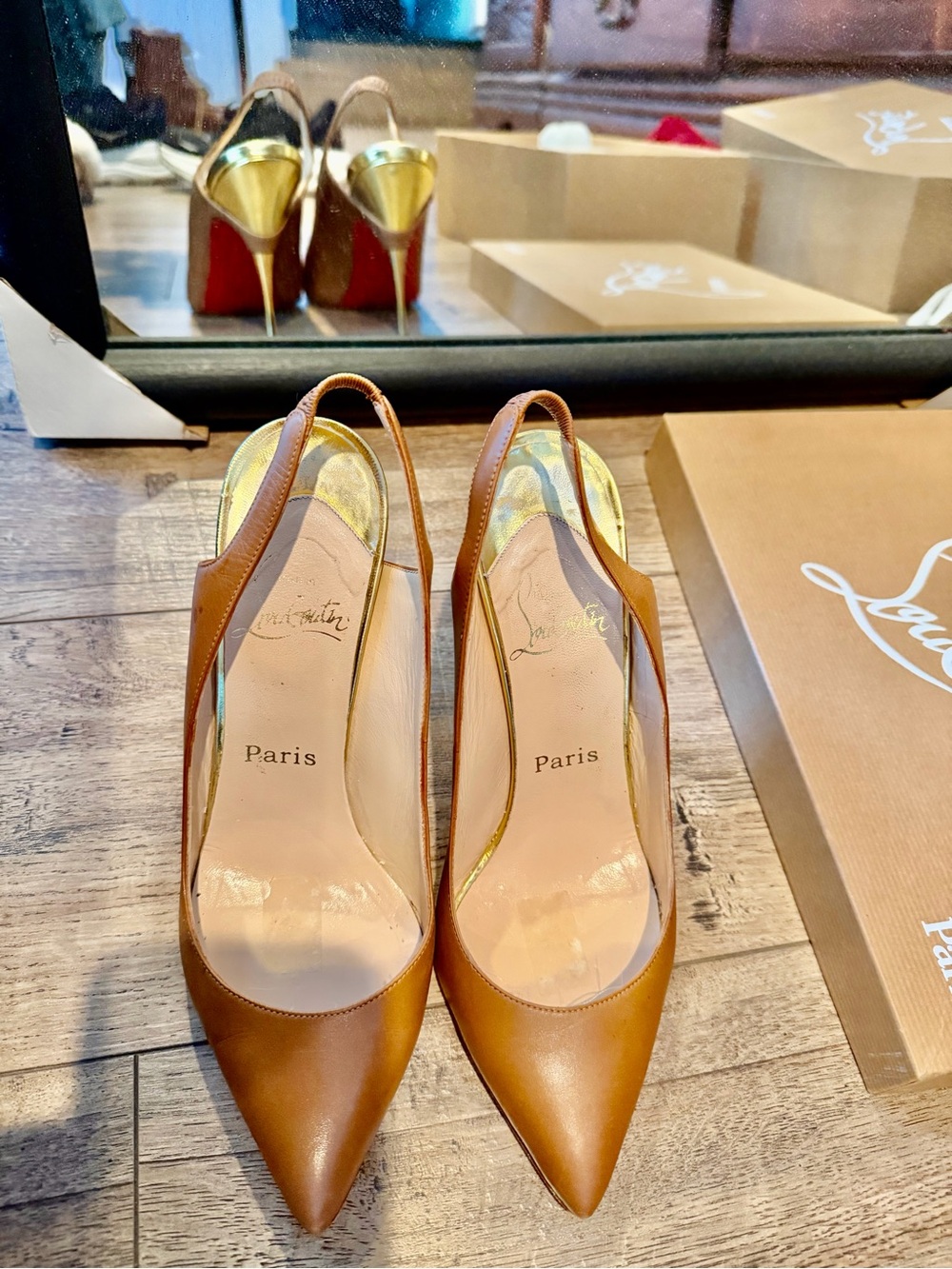 Christian Louboutin Tan Leather Pointed-Toe Slingback Pumps with Gold Heel - Picture 4 of 9